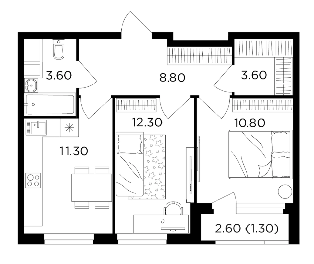 Планировка двухкомнатная 51.7 м² в ЖК «Филатов Луг», корпус 5