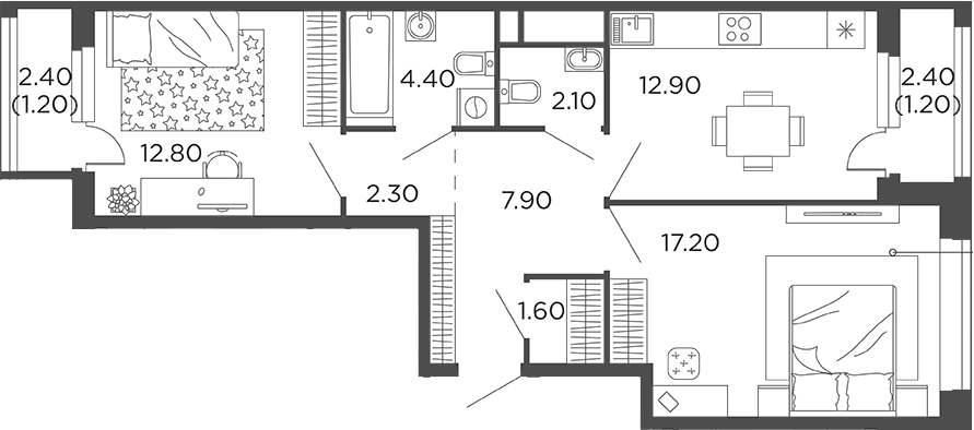 Планировка двухкомнатная 63.6 м² в ЖК «Филатов Луг», корпус 6