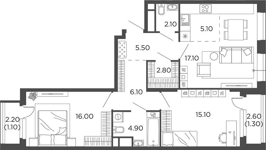 Планировка евротрёшка (3Е) 77.1 м² в ЖК «Филатов Луг», корпус 6