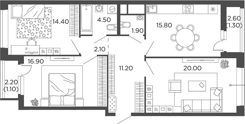 Планировка трёхкомнатная 89.2 м² в ЖК «Филатов Луг», корпус 6