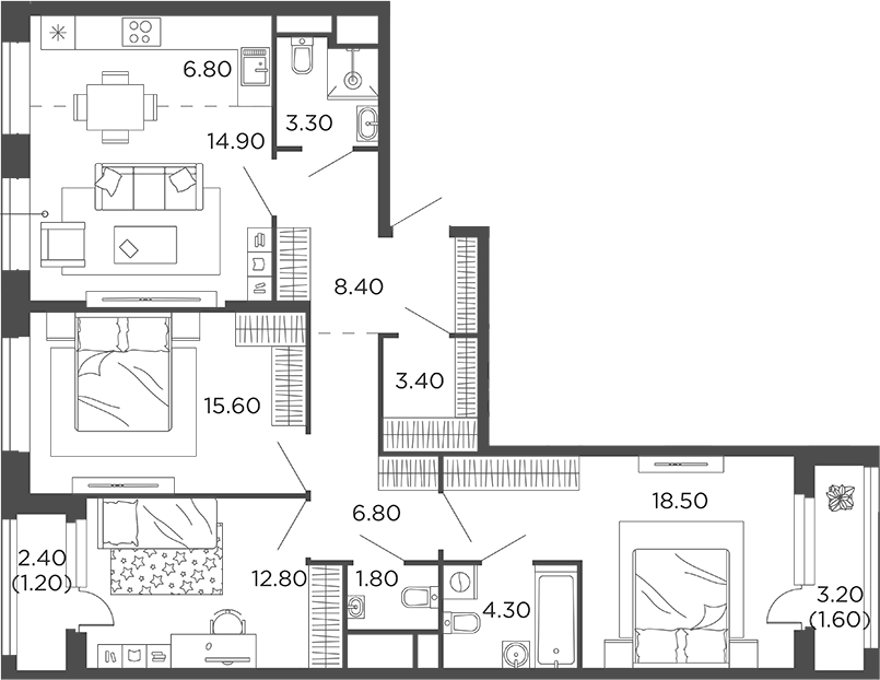 Планировка евро-4 (4Е) 99.4 м² в ЖК «Филатов Луг», корпус 6