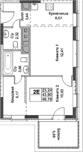 Планировка евродвушка (2Е) 49.78 м² в ЖК «ФизтехСити», корпус А2
