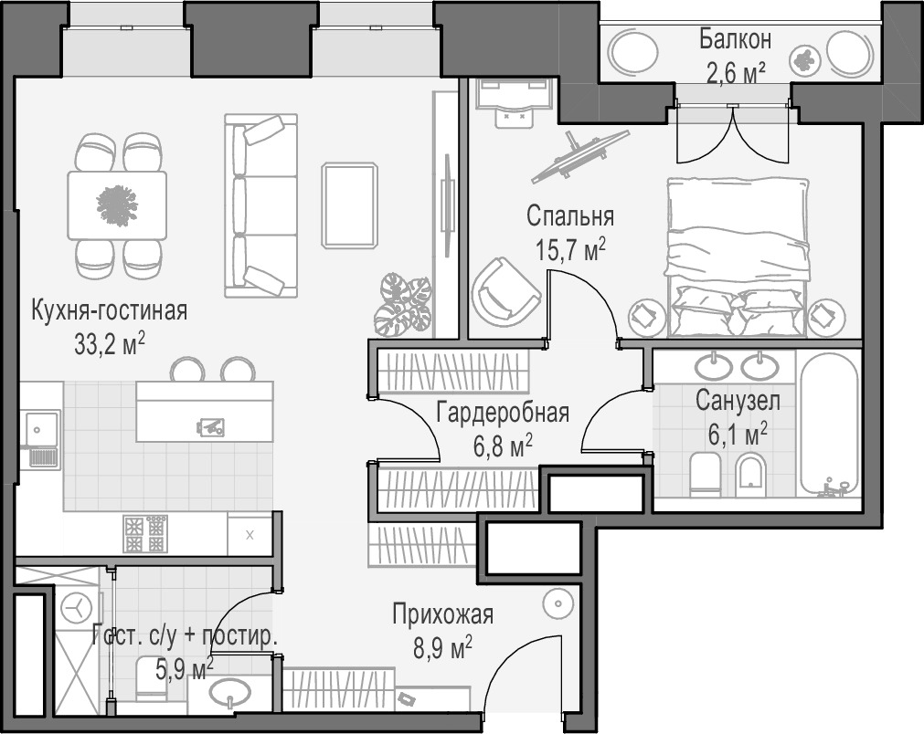 Планировка однокомнатная 78.8 м² в ЖК «Фон Дессин», корпус 1