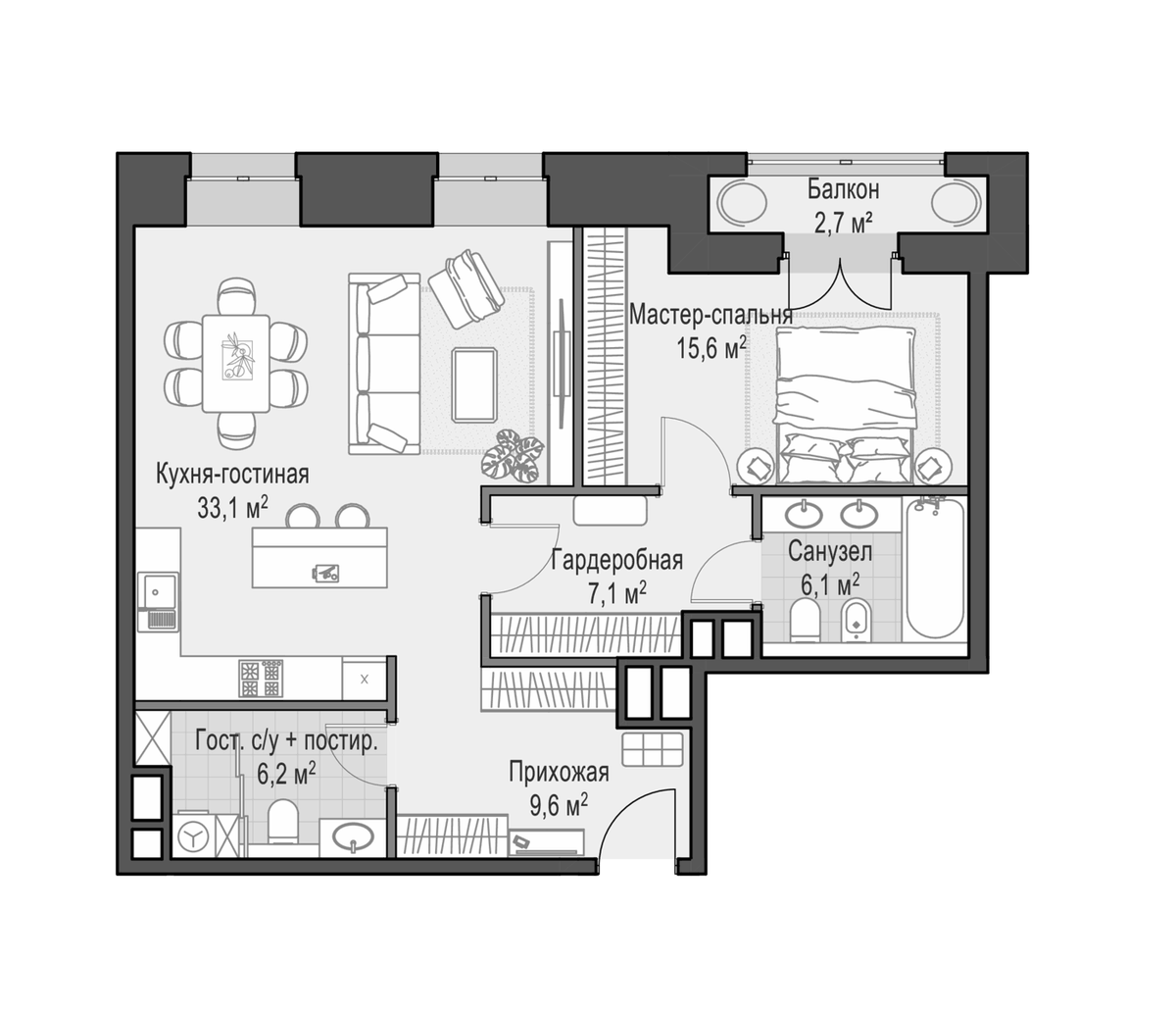 Планировка евродвушка (2Е) 79 м² в ЖК «Фон Дессин», корпус 1