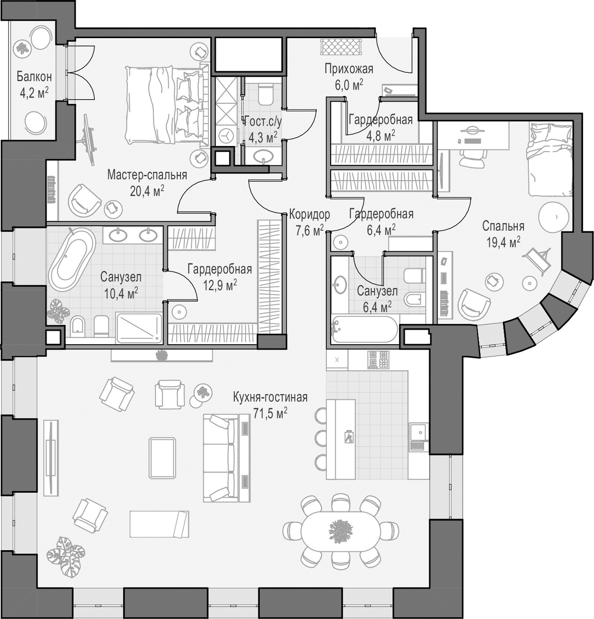 Планировка евротрёшка (3Е) 171.36 м² в ЖК «Фон Дессин», корпус 1