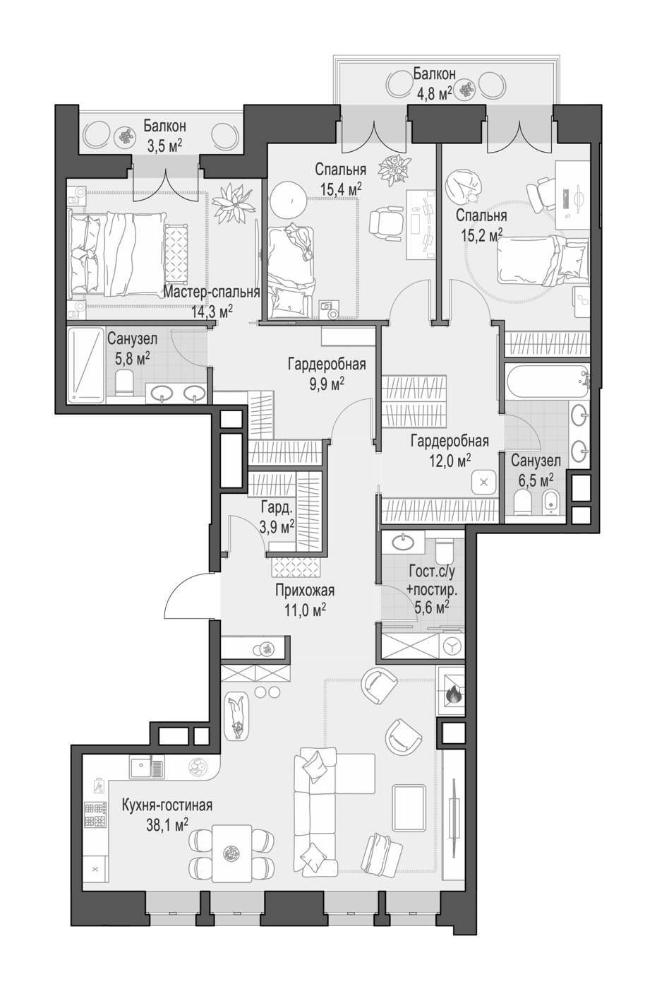Планировка евро-4 (4Е) 141 м² в ЖК «Фон Дессин», корпус 1