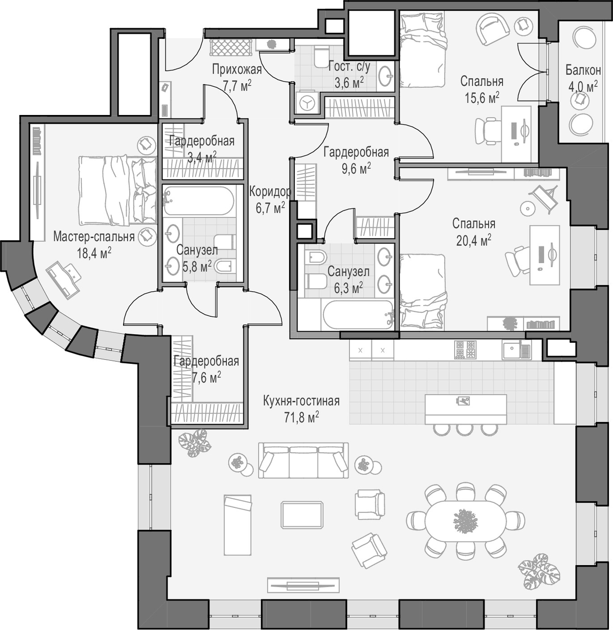 Планировка евро-4 (4Е) 178.9 м² в ЖК «Фон Дессин», корпус 1