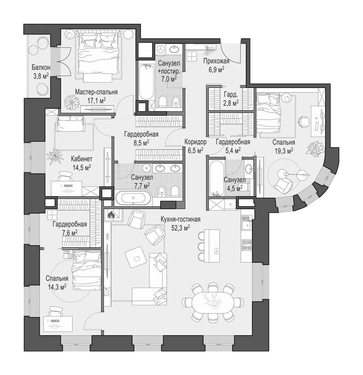 Планировка 5Е-к.кв 177 м² в ЖК «Фон Дессин», корпус 1