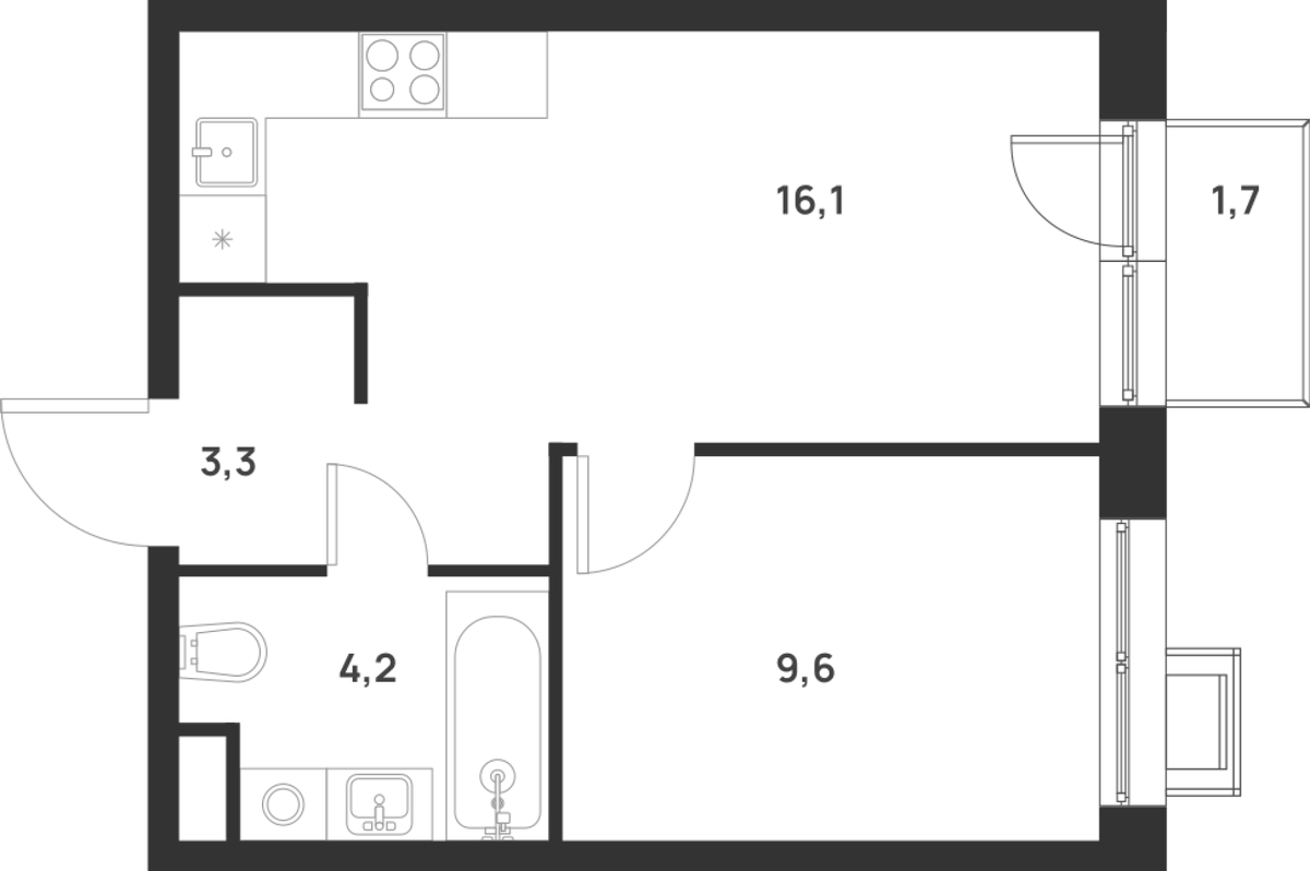 Планировка однокомнатная 33.7 м² в ЖК «Форевиль», корпус Aurora