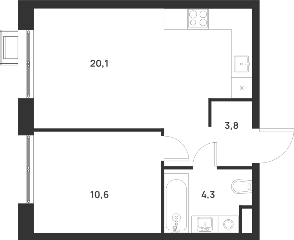 Планировка однокомнатная 38.8 м² в ЖК «Форевиль», корпус Aurora