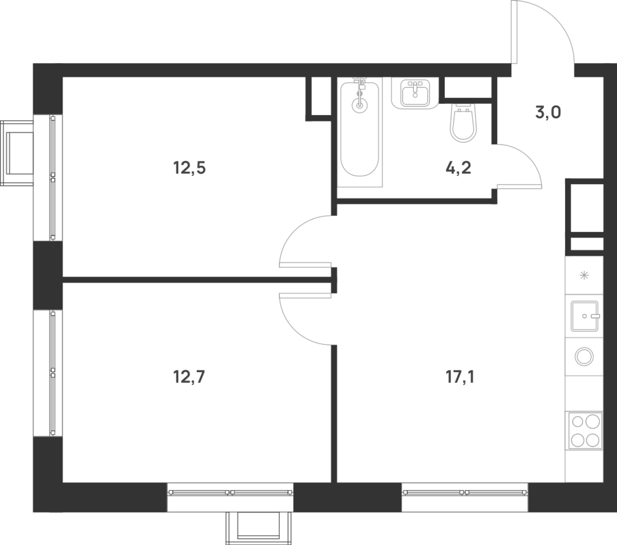 Планировка двухкомнатная 49.5 м² в ЖК «Форевиль», корпус Essence