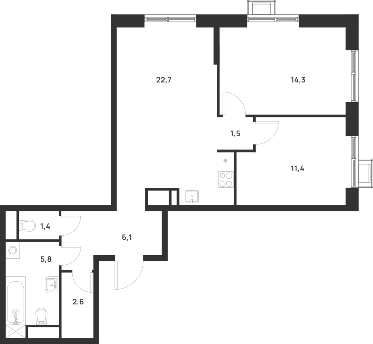 Планировка двухкомнатная 65.8 м² в ЖК «Форевиль», корпус Essence