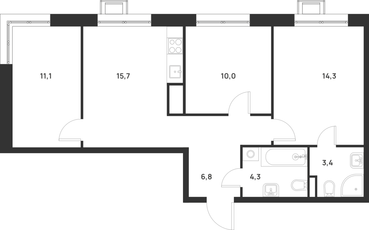 Планировка трёхкомнатная 65.6 м² в ЖК «Форевиль», корпус Essence