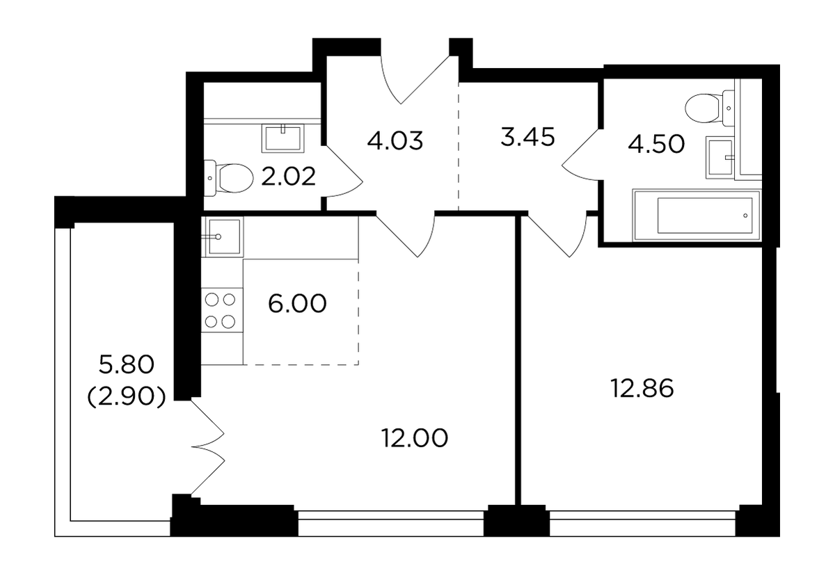 Планировка евродвушка (2Е) 47.3 м² в ЖК «FORIVER», корпус Sky 6