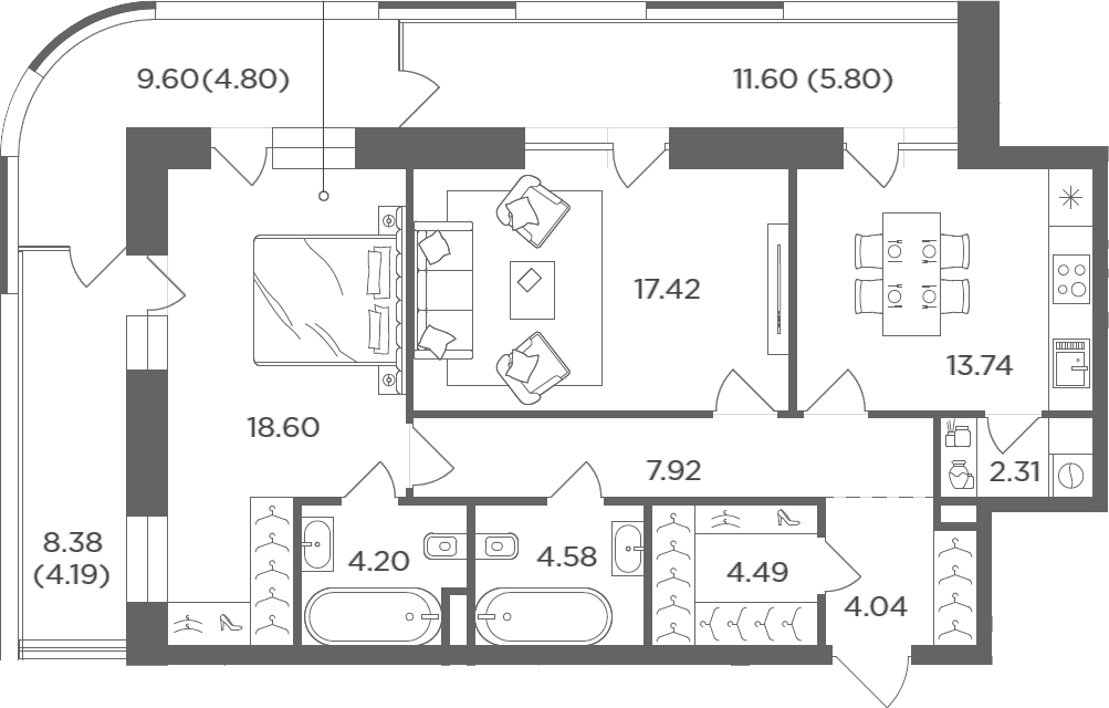 Планировка двухкомнатная 92.09 м² в ЖК «FORIVER», корпус Line 1