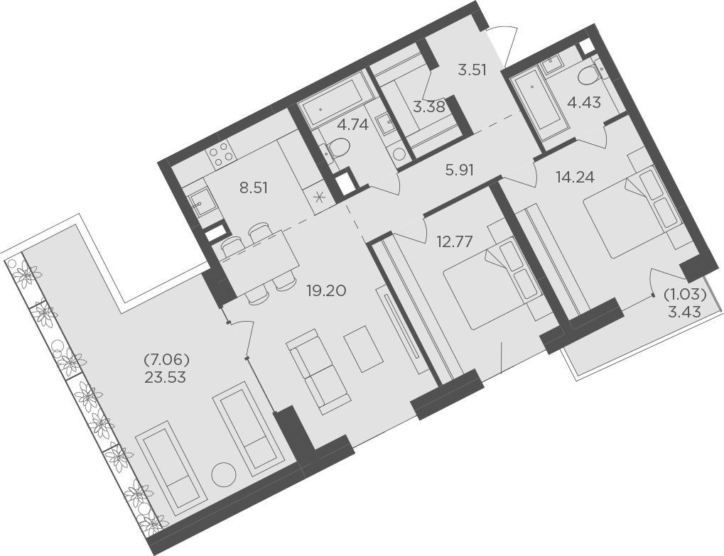 Планировка евротрёшка (3Е) 84.78 м² в ЖК «FORIVER», корпус Line 3