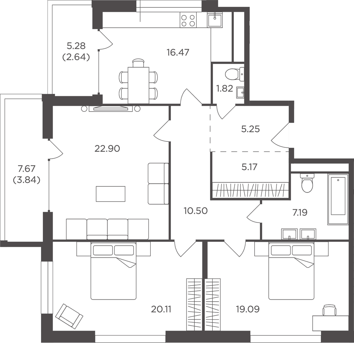 Планировка трёхкомнатная 114.98 м² в ЖК «FORIVER», корпус Sky 8
