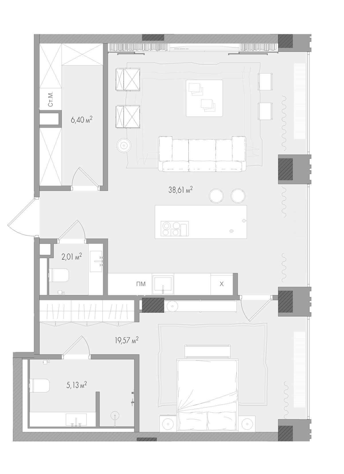 Планировка евродвушка (2Е) 73.18 м² в ЖК «Форум», корпус 1