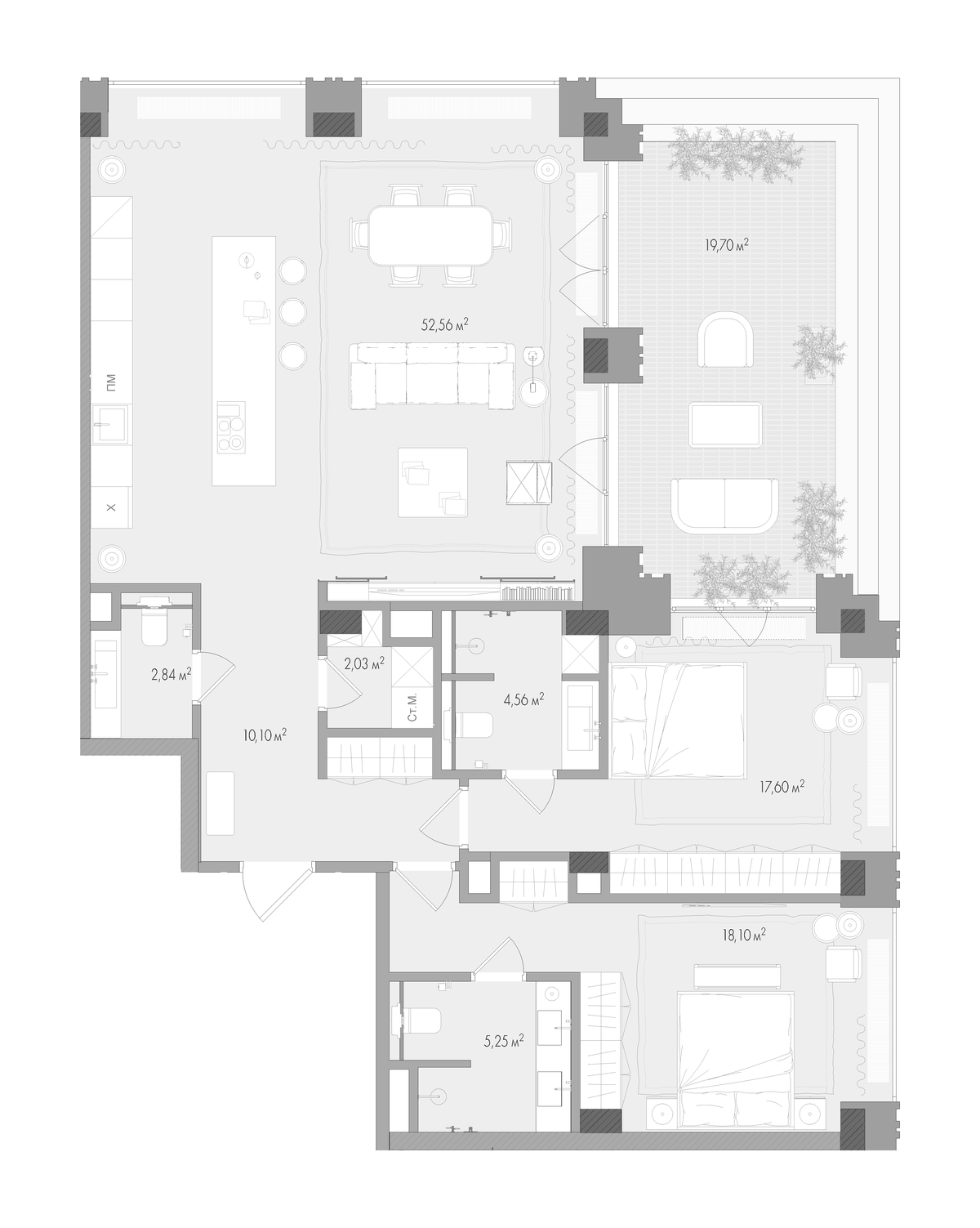 Планировка евротрёшка (3Е) 122.07 м² в ЖК «Форум», корпус 1
