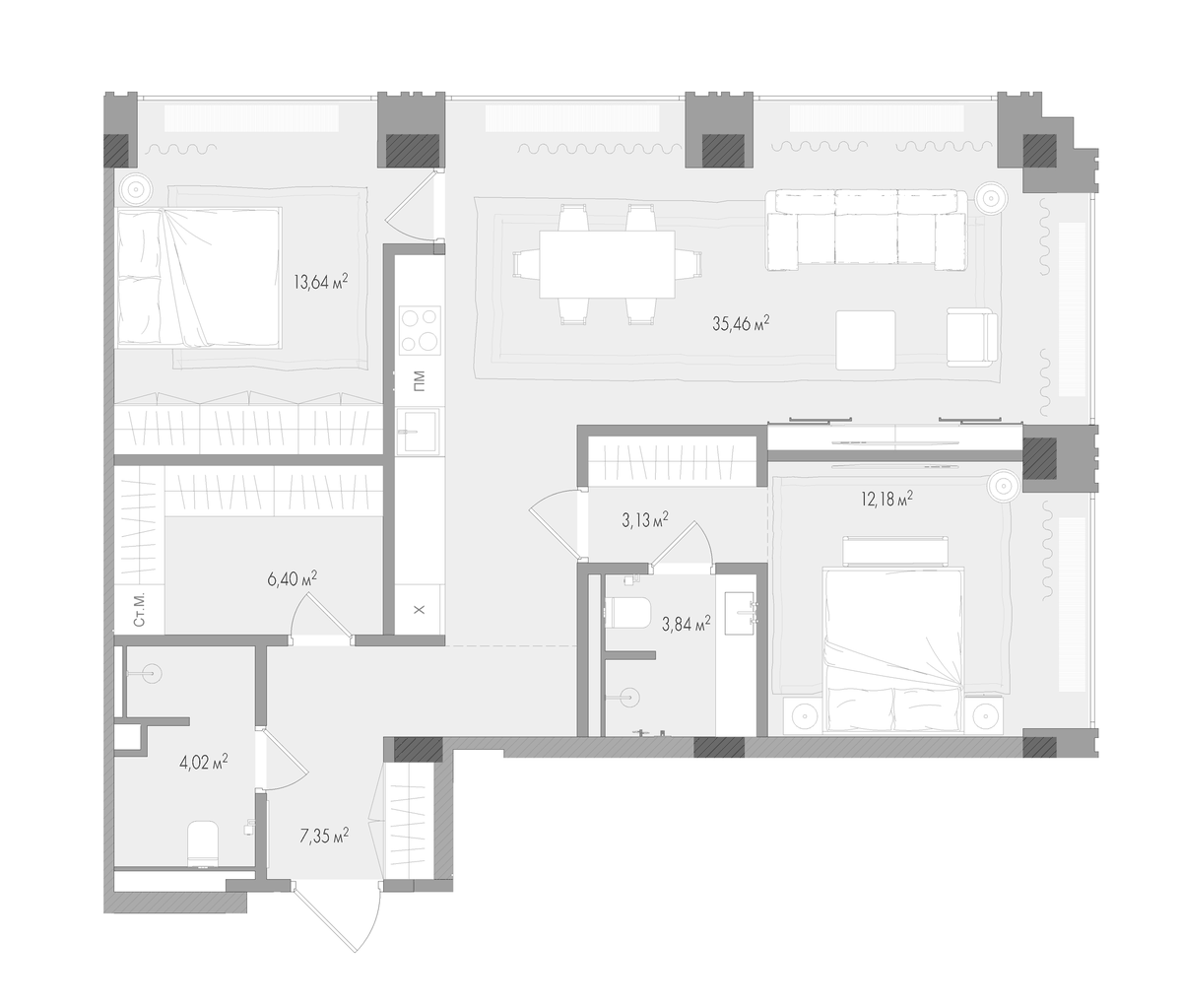 Планировка евротрёшка (3Е) 85.97 м² в ЖК «Форум», корпус 1