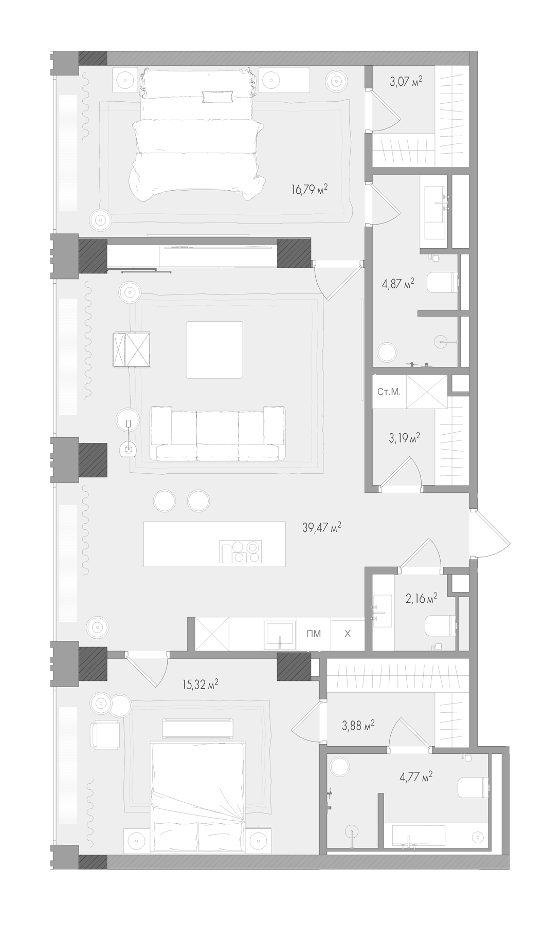 Планировка евротрёшка (3Е) 95.31 м² в ЖК «Форум», корпус 1
