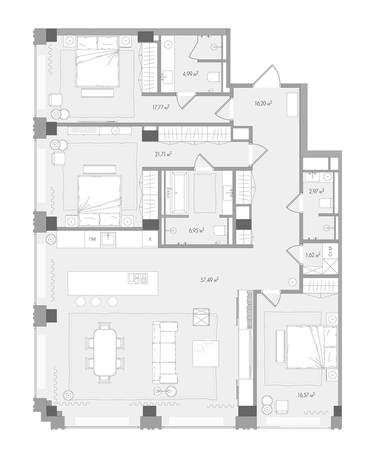 Планировка евро-4 (4Е) 148.11 м² в ЖК «Форум», корпус 1