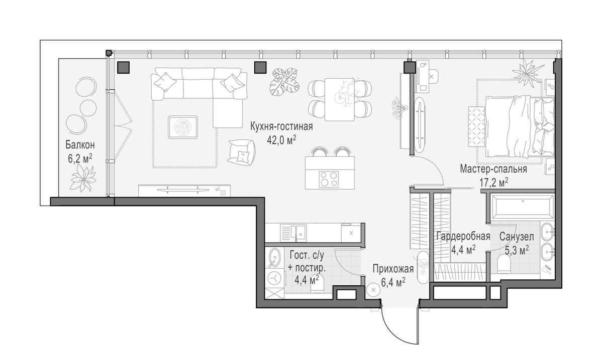 Планировка евродвушка (2Е) 83.66 м² в ЖК «Клубный квартал Фрунзенский», корпус C3