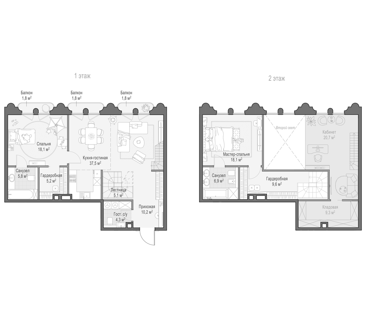 Планировка евротрёшка (3Е) 125.52 м² в ЖК «Клубный квартал Фрунзенский», корпус D