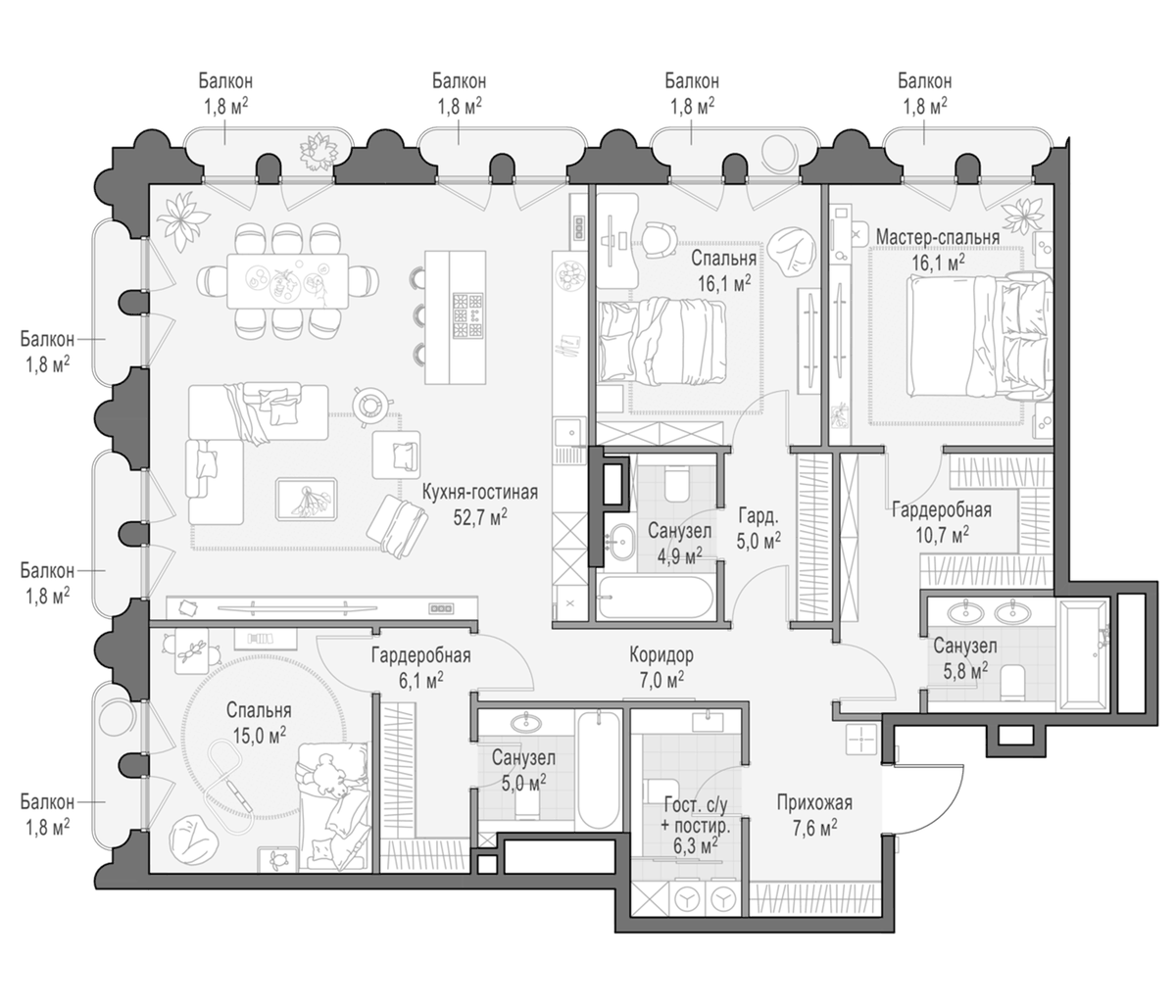 Планировка евро-4 (4Е) 167.98 м² в ЖК «Клубный квартал Фрунзенский», корпус D