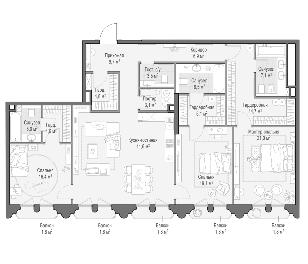 Планировка евро-4 (4Е) 177.2 м² в ЖК «Клубный квартал Фрунзенский», корпус D