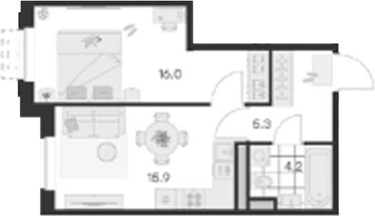 Планировка однокомнатная 41.4 м² в ЖК «Михалевич», корпус 2