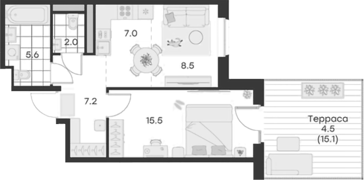 Планировка евродвушка (2Е) 50.3 м² в ЖК «Михалевич», корпус 1