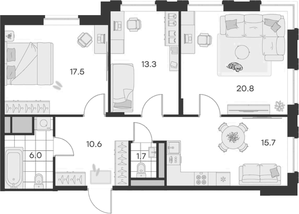 Планировка трёхкомнатная 85.6 м² в ЖК «Михалевич», корпус 1