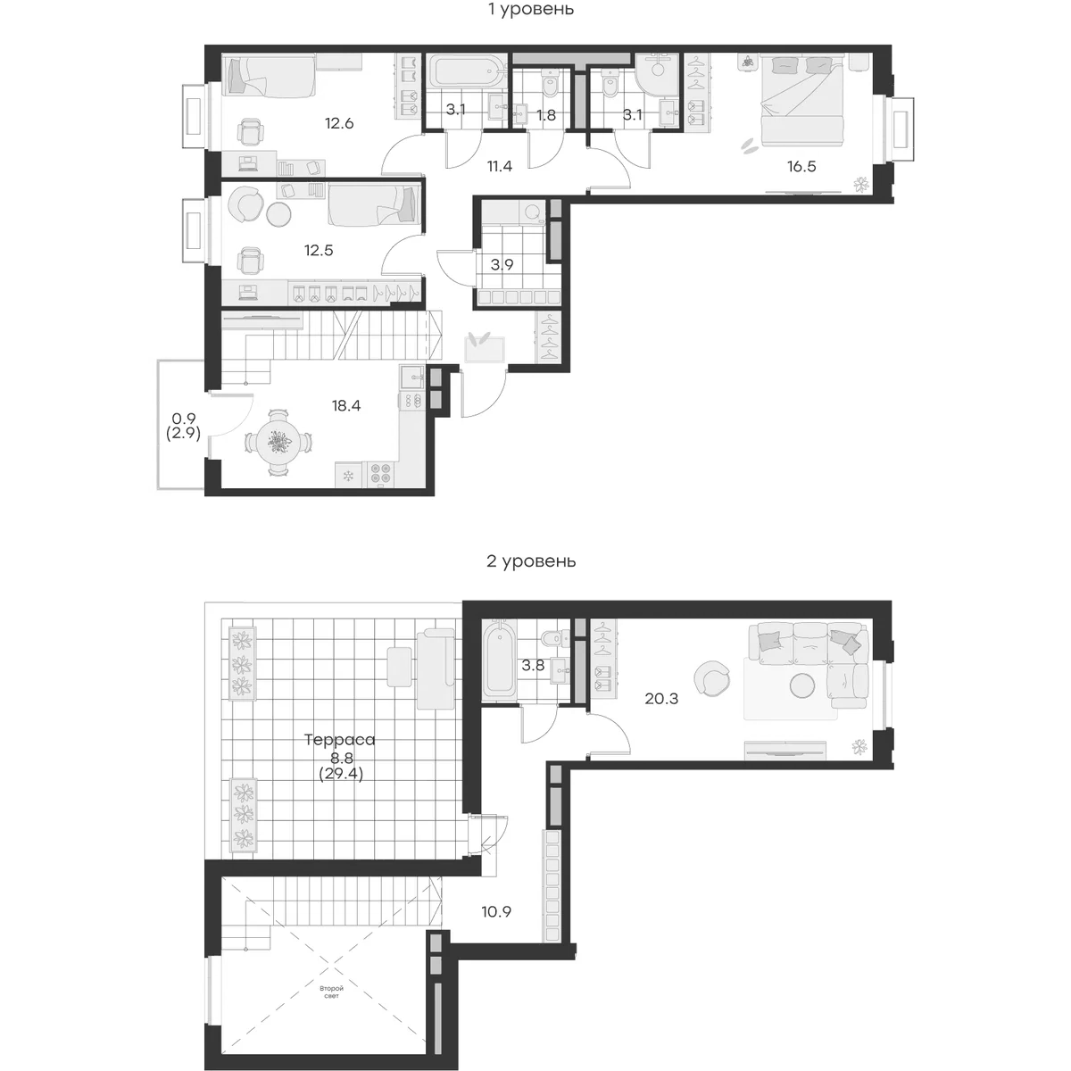Планировка четырёхкомнатная 128 м² в ЖК «Михалевич», корпус 1