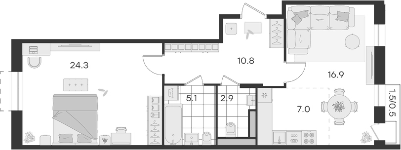 Планировка евродвушка (2Е) 67.5 м² в ЖК «Театральный», корпус 2