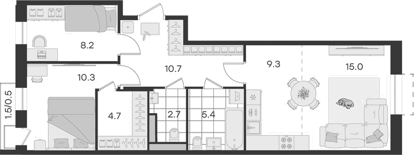 Планировка евротрёшка (3Е) 66.8 м² в ЖК «Театральный», корпус 2