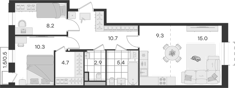 Планировка евротрёшка (3Е) 67 м² в ЖК «Театральный», корпус 2