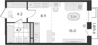 Планировка Студии 33.4 м² в ЖК «Театральный», корпус 2