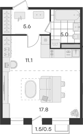Планировка Студии 40 м² в ЖК «Театральный», корпус 2