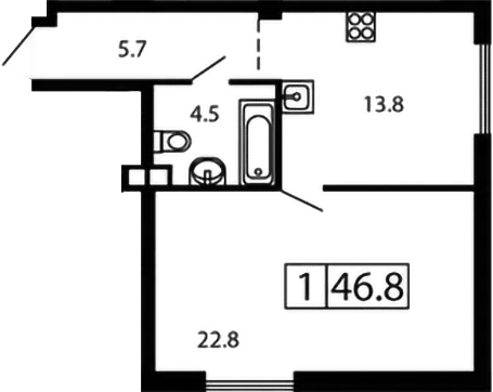 Планировка однокомнатная 46.8 м² в ЖК «Гармония парк», корпус 3