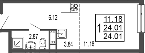 Планировка Студии 24.5 м² в ЖК «Гармония парк», корпус 5