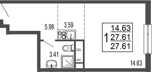 Планировка Студии 28.1 м² в ЖК «Гармония парк», корпус 5