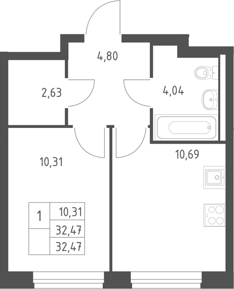 Планировка однокомнатная 32.47 м² в ЖК «Горки Парк», корпус 9.1