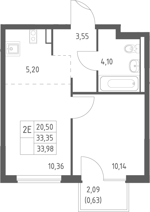 Планировка однокомнатная 33.98 м² в ЖК «Горки Парк», корпус 8.1