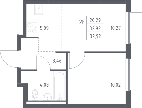 Планировка евродвушка (2Е) 32.92 м² в ЖК «Горки Парк», корпус 8.2