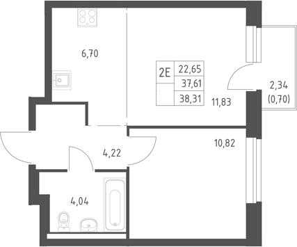 Планировка евродвушка (2Е) 37.61 м² в ЖК «Горки Парк», корпус 9.2