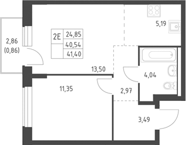 Планировка евродвушка (2Е) 41.4 м² в ЖК «Горки Парк», корпус 9.1