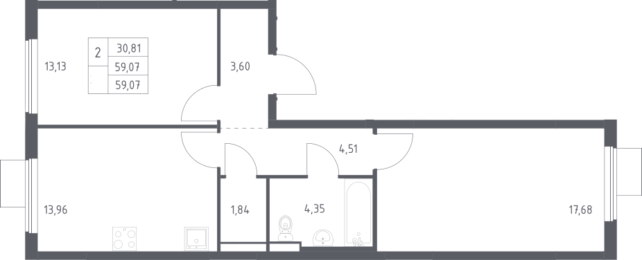 Планировка двухкомнатная 59.07 м² в ЖК «Горки Парк», корпус 8.2