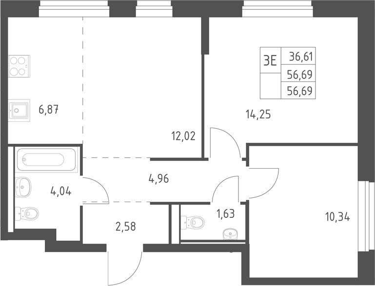 Планировка евротрёшка (3Е) 56.69 м² в ЖК «Горки Парк», корпус 9.1