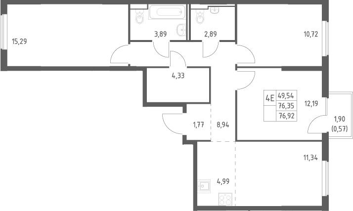 Планировка евро-4 (4Е) 76.92 м² в ЖК «Горки Парк», корпус 6.1